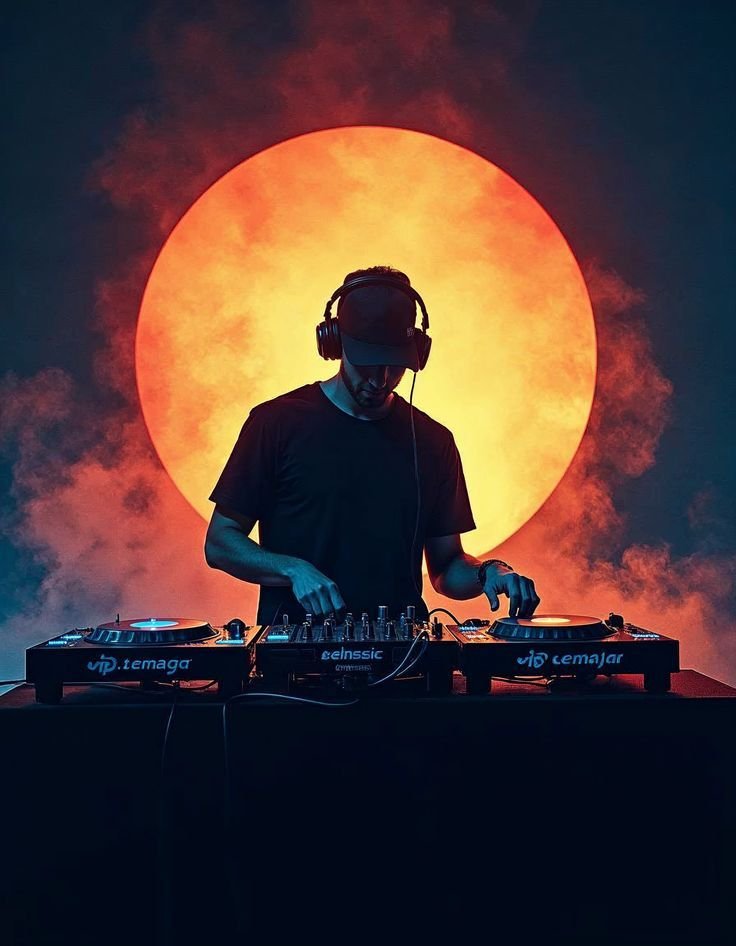 DJ silhouette on the decks, backlit by a warm stage glow