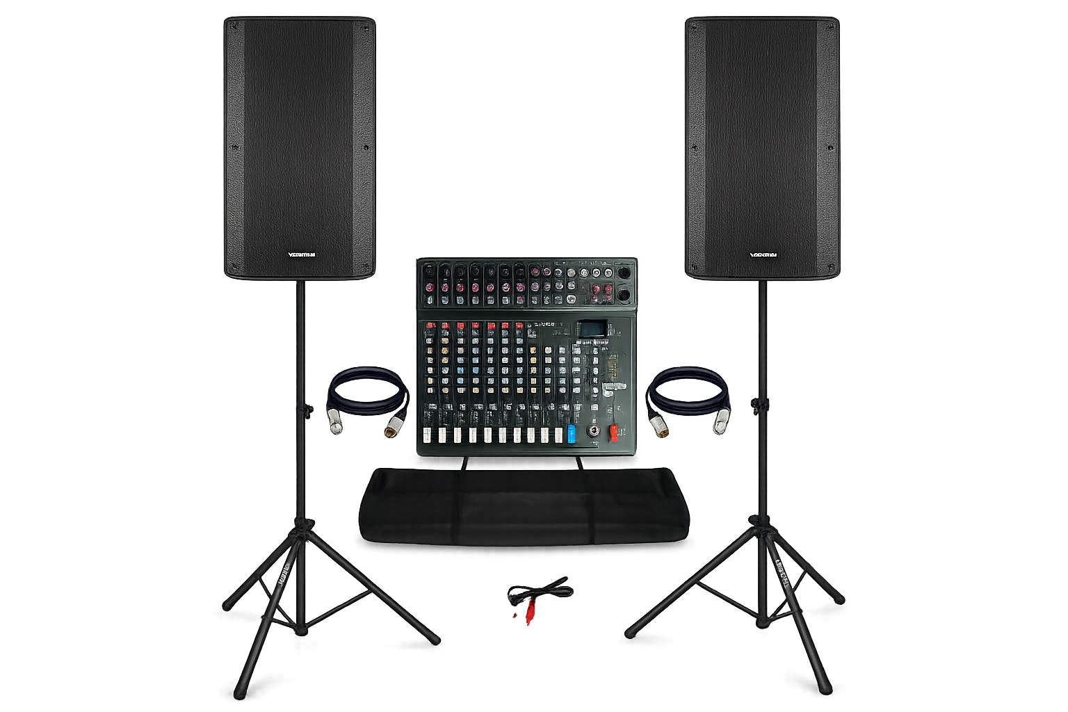 Complete PA system with speakers, stands and mixer